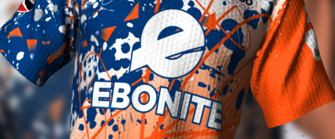Ebonite jersey in blue and orange with large white Ebonite logo.