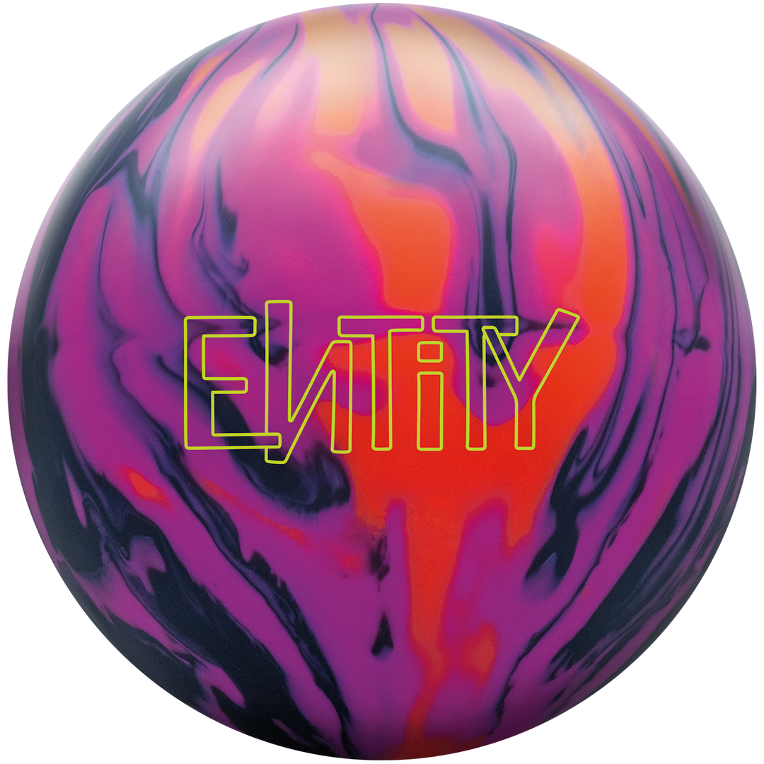 bowling ball with a black, magenta, and orange color scheme and the Entity logo in yellow.