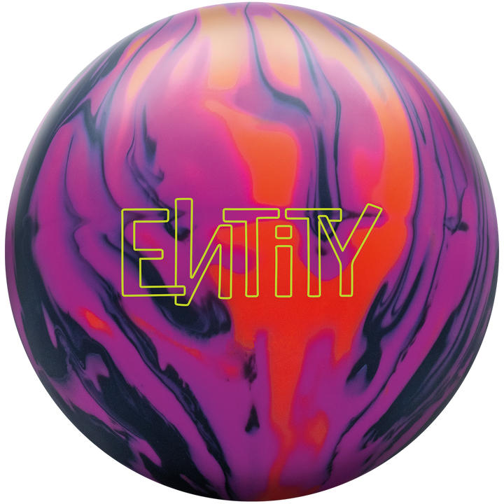 bowling ball with a black, magenta, and orange color scheme and the Entity logo in yellow.