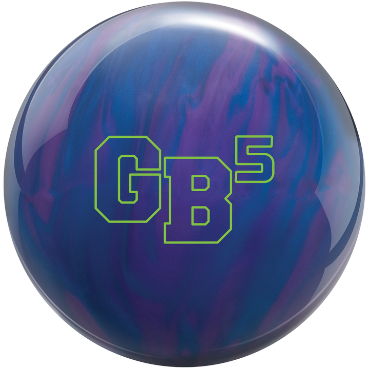 A bowling ball with a pearl reactive finish, predominantly purple and blue with the text 'GB5' displayed prominently on the surface in green.