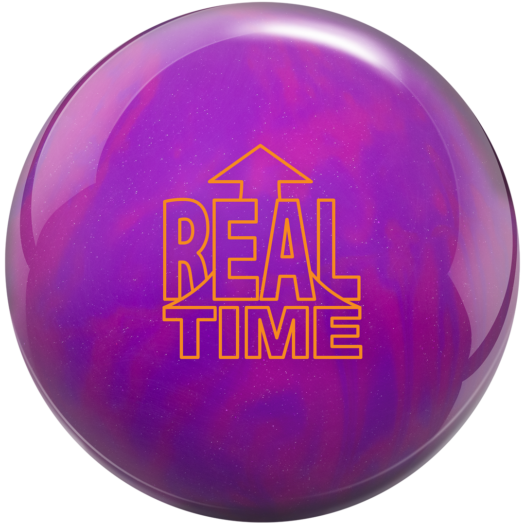A bowling ball with a purple and violet color scheme with the words, "Real Time" and a stylized arrow point up in Orange.