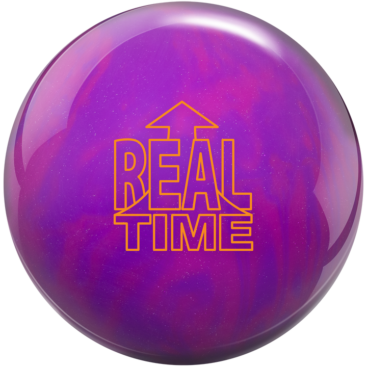 A bowling ball with a purple and violet color scheme with the words, "Real Time" and a stylized arrow point up in Orange.