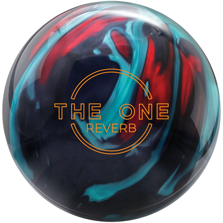 A bowling ball with a swirl pattern featuring black, teal, and red colors, and the text 'THE ONE REVERB' in the center.