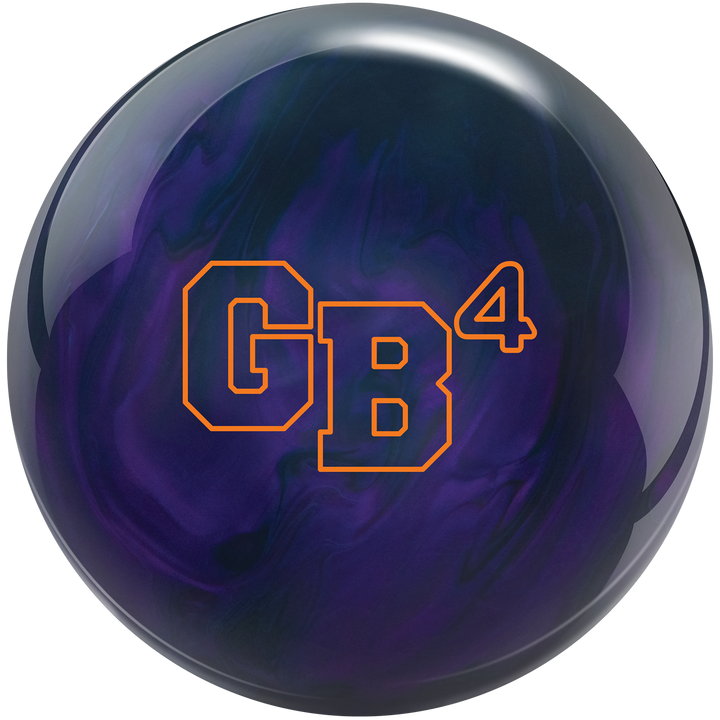 A purple and black bowling ball with the text 'GB4' in orange.