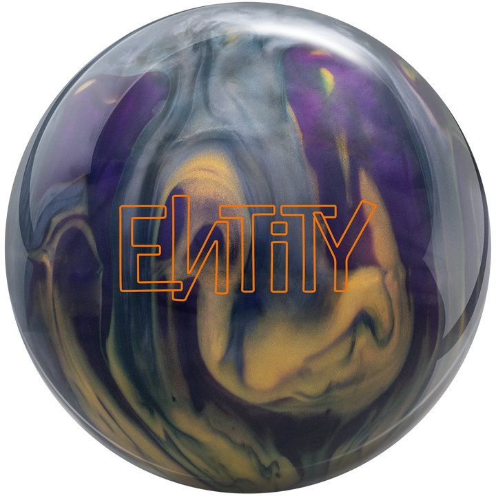 A smoke grey, gold, and purple colored bowling ball with the Entity logo in orange centered prominently.