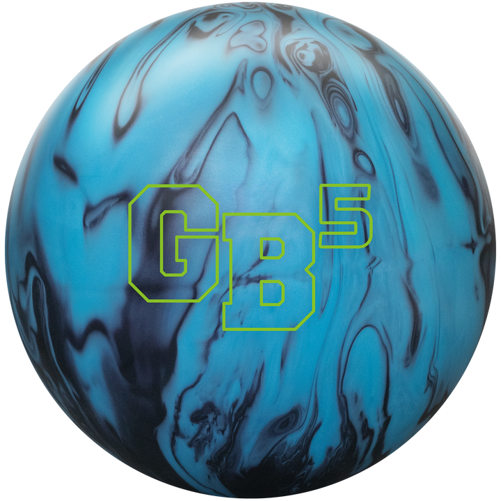 A sky blue and black colored bowling ball with the GB5 logo in bright green centered prominently.