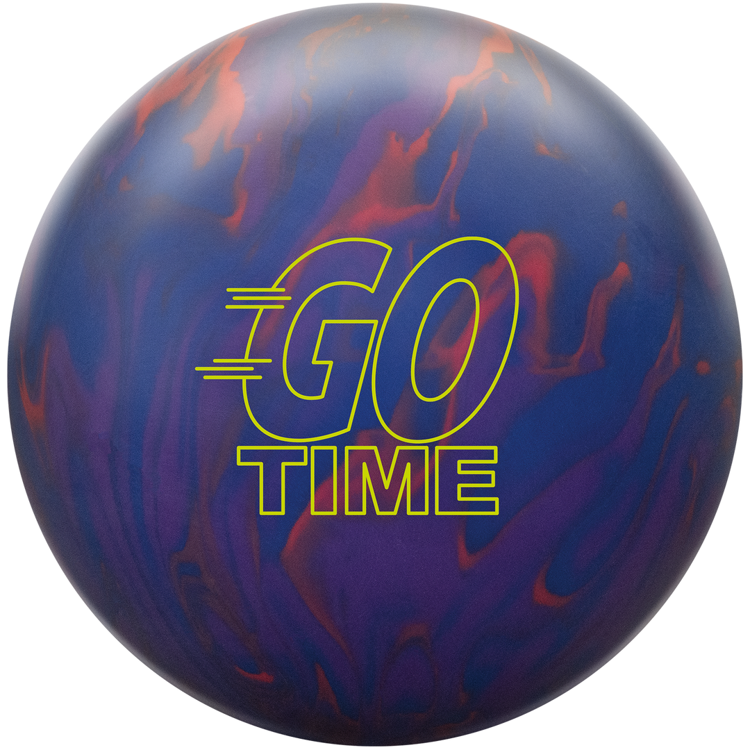 A red, blue and purple colored bowling ball with the Go Time logo in yellow centered prominently.