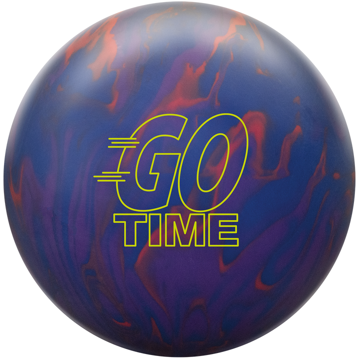 A red, blue and purple colored bowling ball with the Go Time logo in yellow centered prominently.