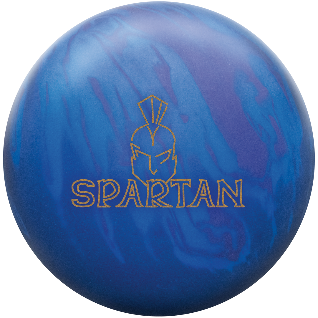 A purple, blue, and dark blue colored bowling ball with the Spartan logo in gold centered prominenlty.