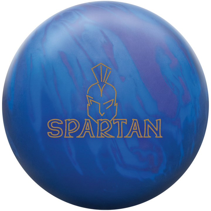 A purple, blue, and dark blue colored bowling ball with the Spartan logo in gold centered prominenlty.