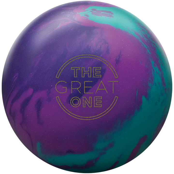 A purple, violet, and teal colored bowling ball with The Great One logo in gold sparkle centered prominently.