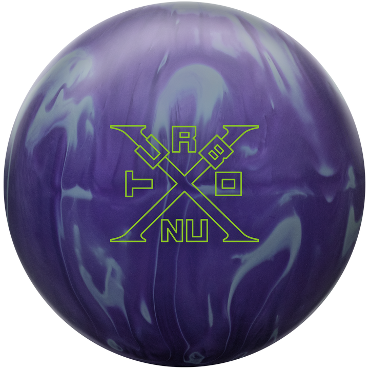 A purple and grey colored bowling ball with the Turbo X NU logo in neon green centered prominently.