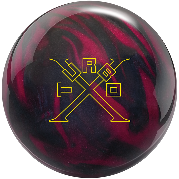 A red and black colored bowling ball with the Turbo X logo in yellow centered prominently.